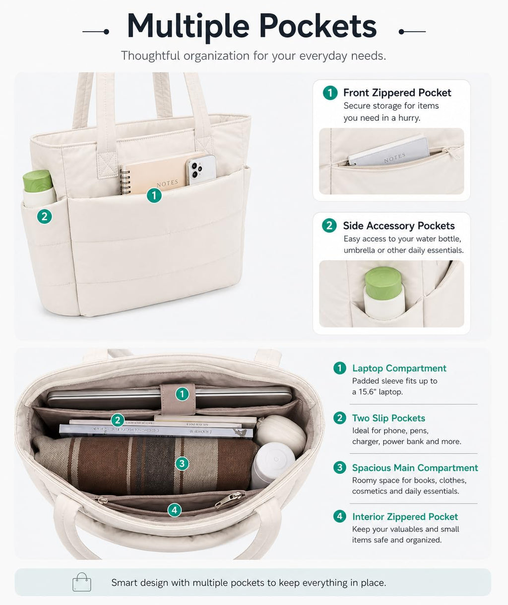 Tressential Puffer Tote Bag for Women, Lightweight, 20L Capacity with 15.6 inch Laptop Compartment, Side Pockets, Office, College and Travel (White)