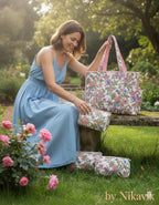NIKAVIK 1 Tote Bags and 3 Pouch Quilted fabric Handblock Printed Tote Bag(with zip) and bottle compartment with Matching Pouches (White Pink)