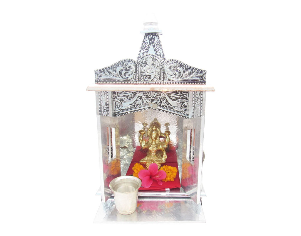 GoldGiftIdeas Pooja Mandir for Home, Pooja Mandir Wall Hanging, Home Temple, Handcrafted Wooden Temple with Aluminium and Copper Plating, Temple for Home (10 x 6 x 19 Inch)