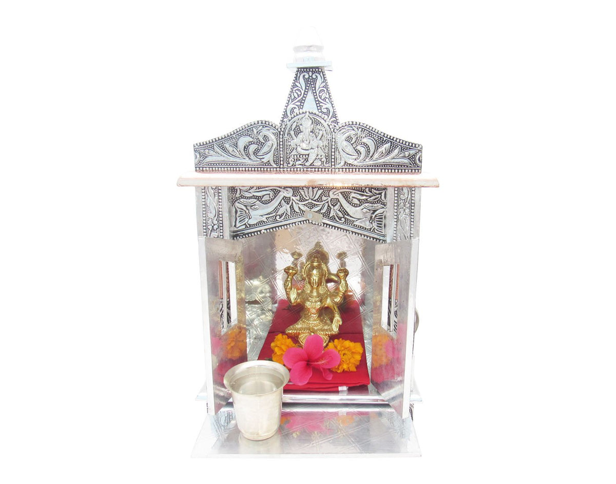 GoldGiftIdeas Pooja Mandir for Home, Pooja Mandir Wall Hanging, Home Temple, Handcrafted Wooden Temple with Aluminium and Copper Plating, Temple for Home (10 x 6 x 19 Inch)