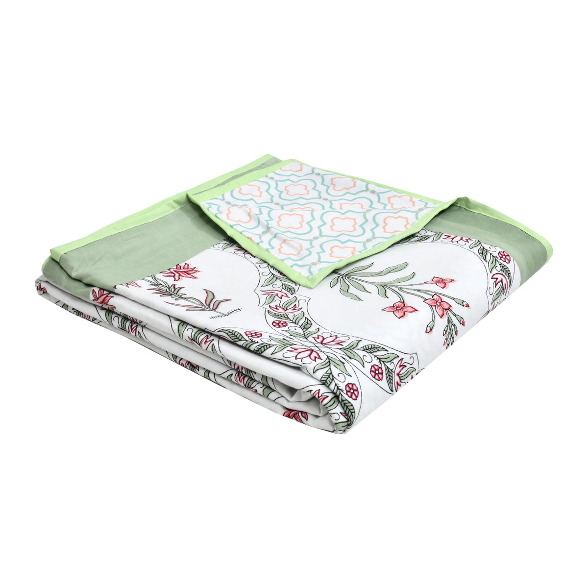 BLOCKS OF INDIA Hand Block Printed Cotton Single Size Reversible Malmal Dohar for Summer (Green BEL)