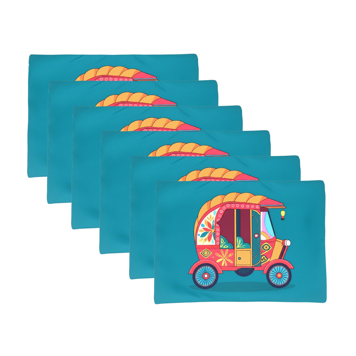 PRAKARTIK BY INDUARTS DiningTable Mats Set of 6 - Auto Vibrant Cultural Theme,Digital Print, Washable, Indoor/Outdoor, Heat-Proof, Water Resistant, Wipe & Clean (47X33 cm) Green & Pink Kafalo