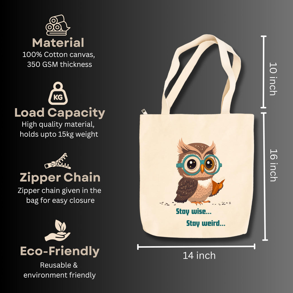 snapiq COTTON 350 GSM Canvas Tote Bag for Women and Girls Thick Fabric with Zipper (Beige, Owl1)