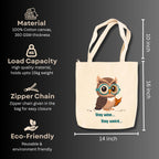 snapiq COTTON 350 GSM Canvas Tote Bag for Women and Girls Thick Fabric with Zipper (Beige, Owl1)
