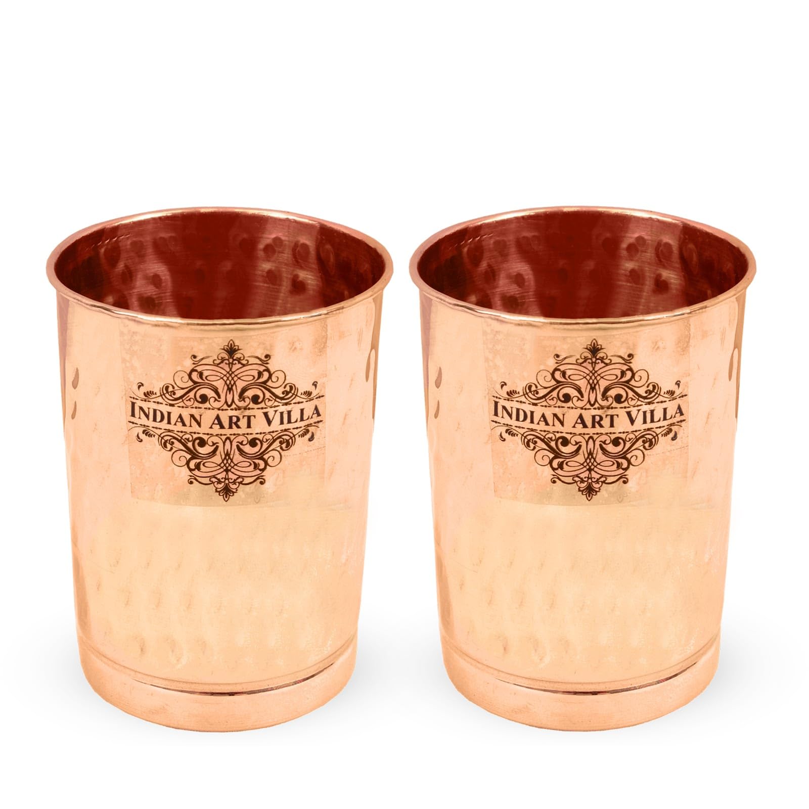 INDIAN ART VILLA Pure Copper Plain Glass with Hammered Design, Drinking Serving Water, Yoga Ayurveda, Volume-300 ml, Pack of 2