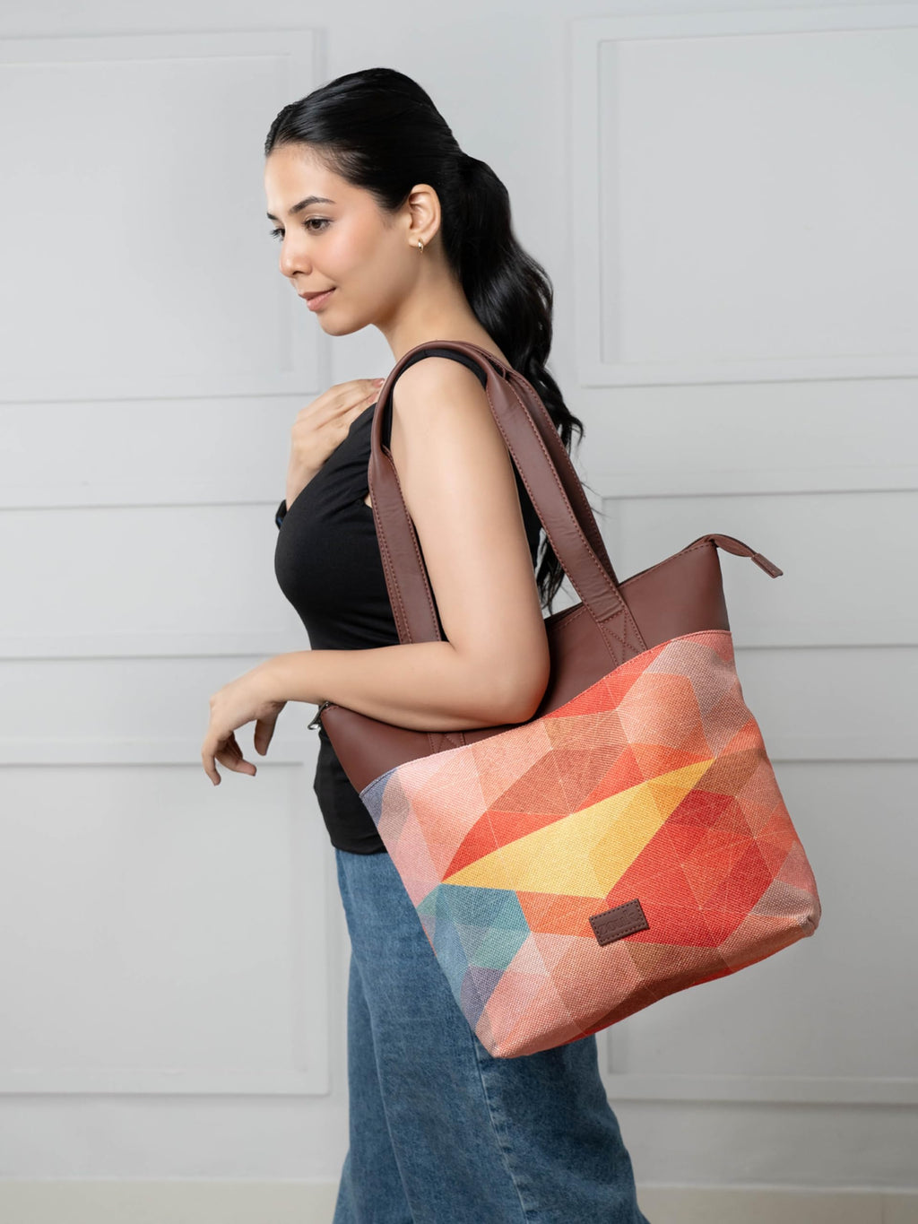 ZOUK GeoOptics Geometric Printed Women's Jute Handcrafted Vegan Leather Multicolor Everyday Tote