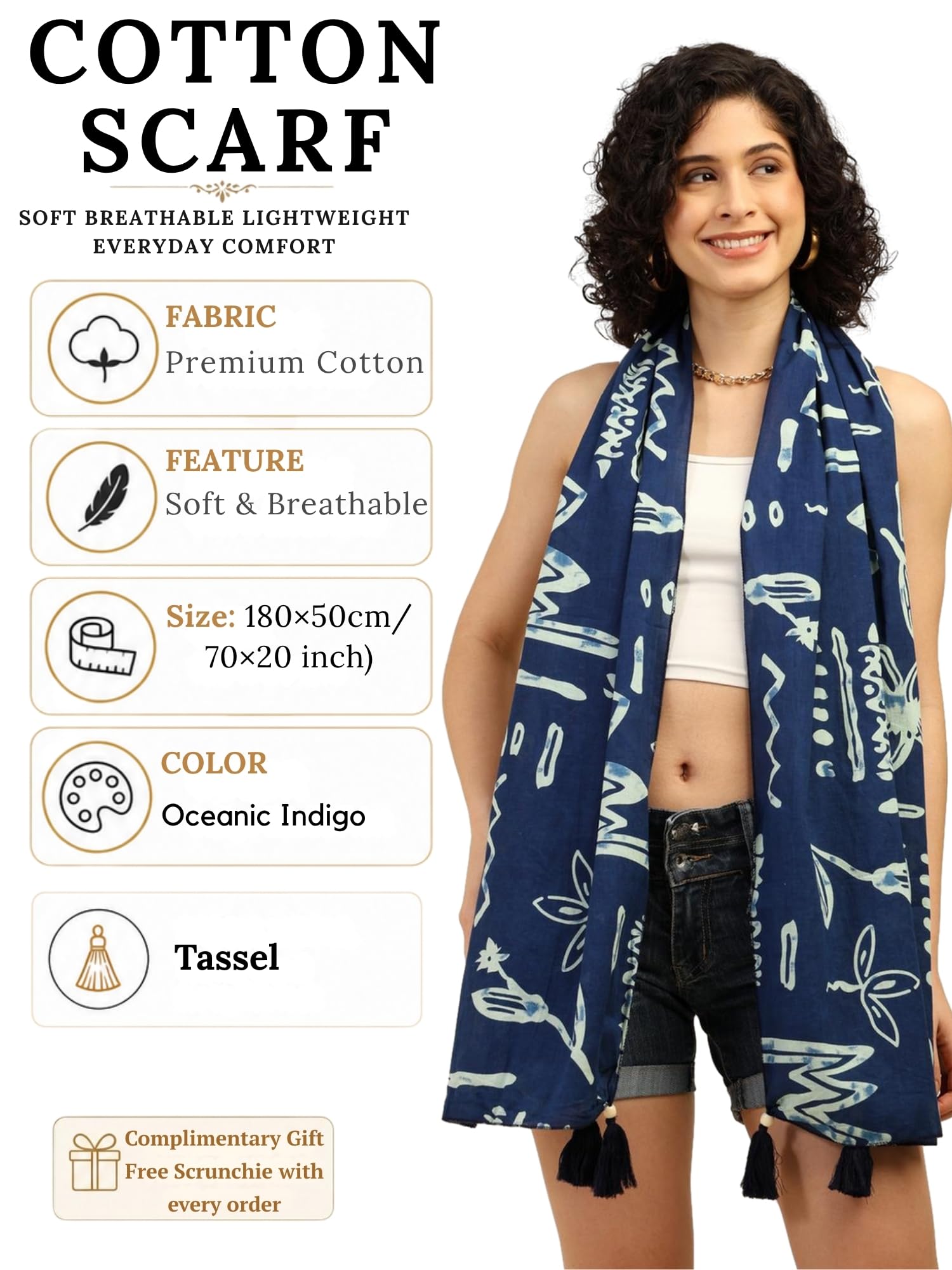 KE KANHA EXPORTS Cotton Scarf with Tassels|Scarf for Women Stylish|Stole for Women|Breathable Boho Beach Summer Wrap|Multicolor Scarf|Easily Fits 180 * 50 CM