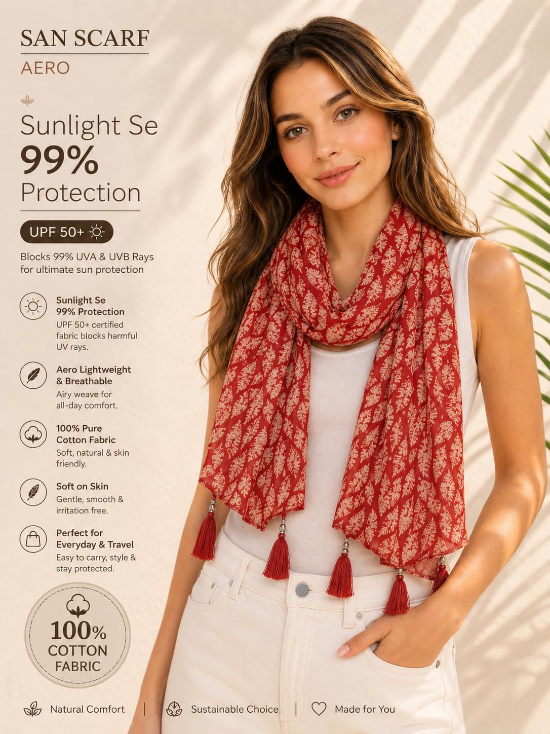 Yuma Fashions Women’s Printed Fashion Scarf, Stylish Lightweight Stole for Women, 180 x 50 cm (Brick Red)