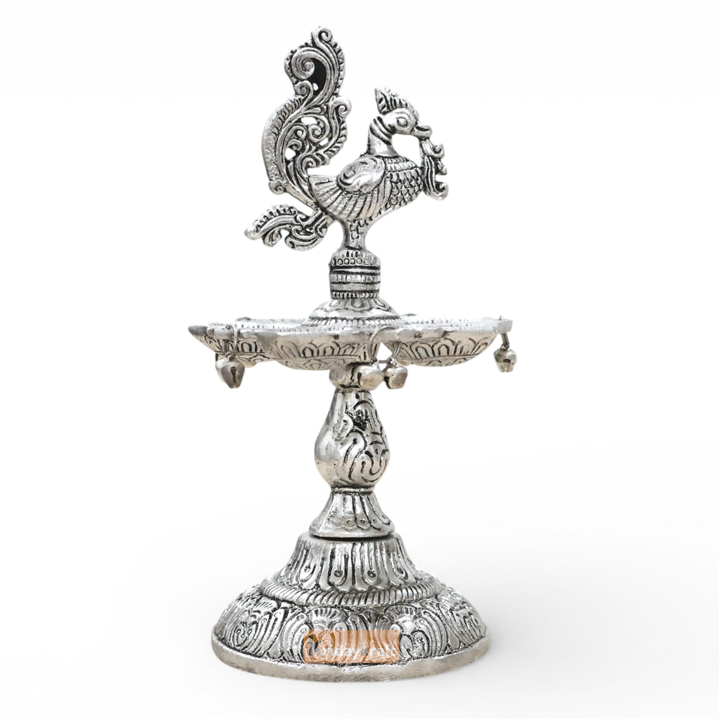 Kridaykraft Metal Peacock Diya Samai Oil Lamp, Silver Finish, Traditional Indian Decor, 19 cm Height, 270 gm, Handcrafted Design
