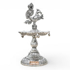 Kridaykraft Metal Peacock Diya Samai Oil Lamp, Silver Finish, Traditional Indian Decor, 19 cm Height, 270 gm, Handcrafted Design