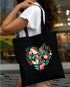 Peach Blossom Reusable Zipper and Pouch Tote Bags, 100% Cotton Shopping/Grocery Bag, Multi-Purpose Bag 5kgs Capacity, 2 Pack (BlackLineFlow_BlackHeart)