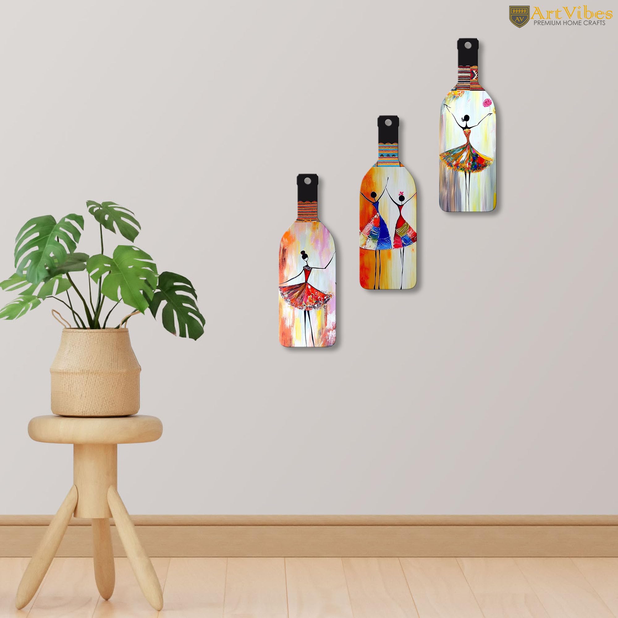 Artvibes Abstract Art Dancing Girl Wooden Wall Hanging for Home Decor | Decoration Items for Livingroom | Art Item for Office | Decorative Mdf Wall Hanger Artwork (WH_9501N), (Set of 3)