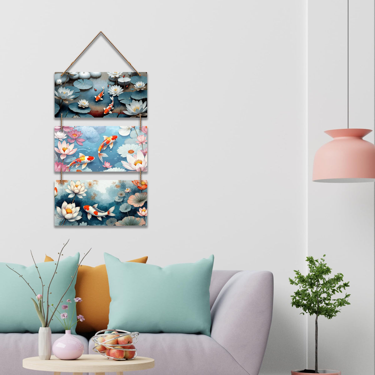 Artvibes Water Lily and Koi Fish Wooden Art Decoration Item for Living Room | Art For Wall | Wall Sculpture | Signs & Plaques | Festive Decor | Aesthetic Wooden Decor | Unique Gift Items (WH_9436N)