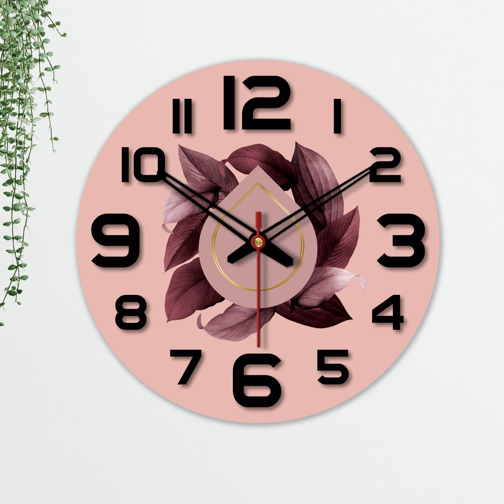 VIBECRAFTS Leaves Printed Pattern Wooden Wall Clock for Home Decor | Office | Livingroom | Bedroom | Cafe | Gifts (WWCVC1Pcs_15064)