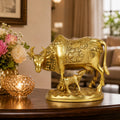 ARTVARKO Lucky Nandi Kamdhenu Cow & Calf Brass Sculpture Religious KamDhenu Cow Statue 8 Inch Gold Color 1 Pcs Standard.