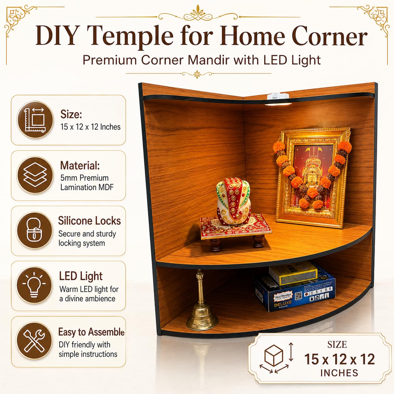 Zesta Wooden Mandir for Home Big Size | DIY Pooja Mandir with LED Spot Light | Devghar Cabinet for Living Room or Office | Wall Mounted Pooja Unit for Home (Mandir for Corner)