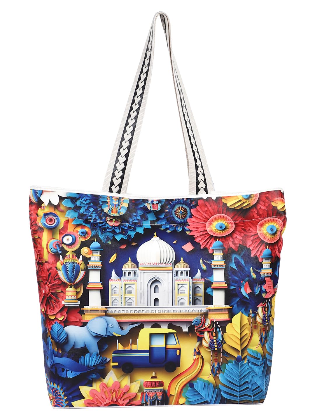 WOTM On The Move Tote | Premium Printed Cotton Canvas Tote Bag with Zipper & Inside Pocket, Stylish Everyday Travel Bag for Work, College, Office, Travel, Shopping