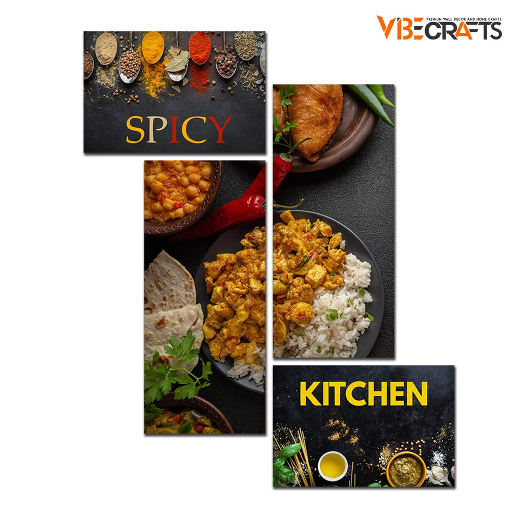 VIBECRAFTS Kitchen's 4 Pieces Canvas Wall Painting Fitted With Wooden Frame For Home | Kitchen | Gifts (PTVC4Pcs3_15507)