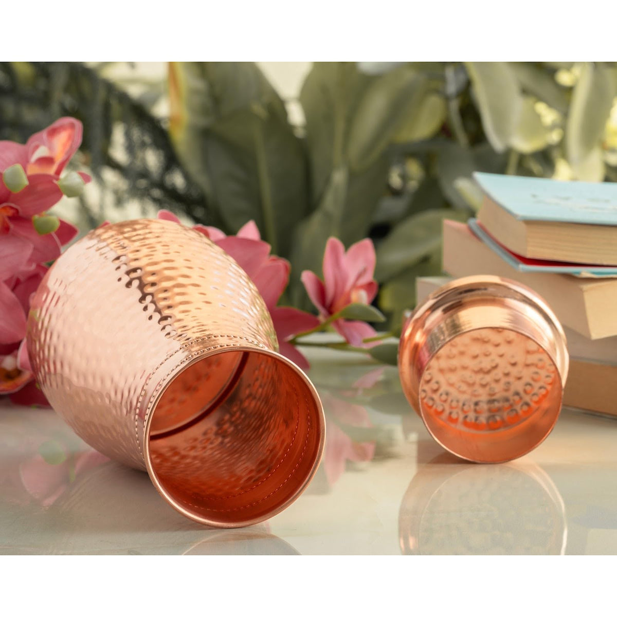 INDIAN ART VILLA Pure Copper Bedroom Water Bottle with Inbuilt Glass, Hammered Shine Design, Drinkware and Storage Purpose, 950 ml (Weight 335 Gram)