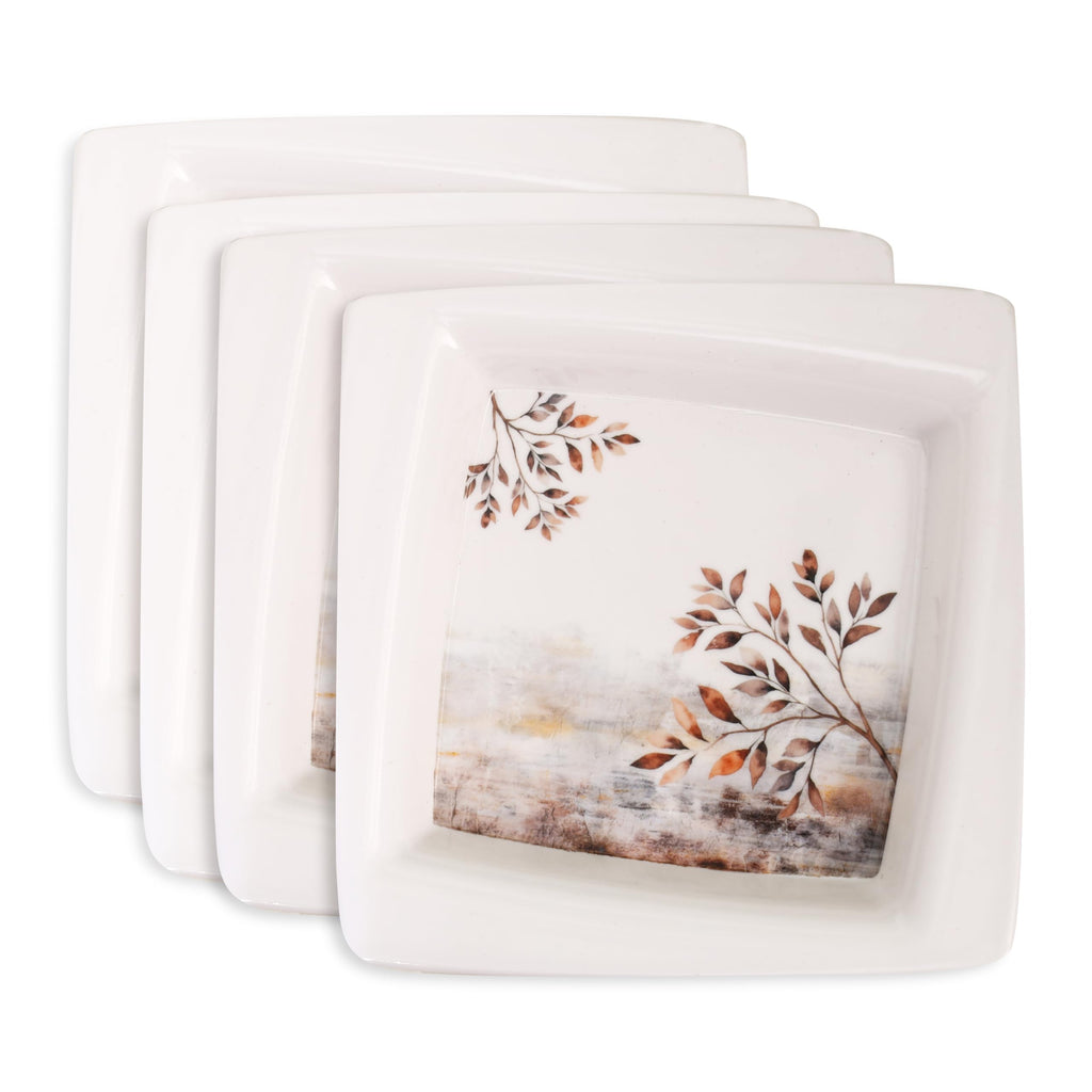 Golden Fish Melamine Square Halwa Plate, Pack of 4, White Copper and Blue, 3D Floral Design, 7 Inches, Matte Finish, Reusable Serving Plate for Snacks and Dessert