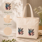 Suryatra Botanical Canvas Tote Bag for Women & Men | Premium Cotton Canvas Shoulder Bag with Dual Front Pockets | Tote Bag for Office, College, Shopping & Travel | Natural | 14 x 16 Inches