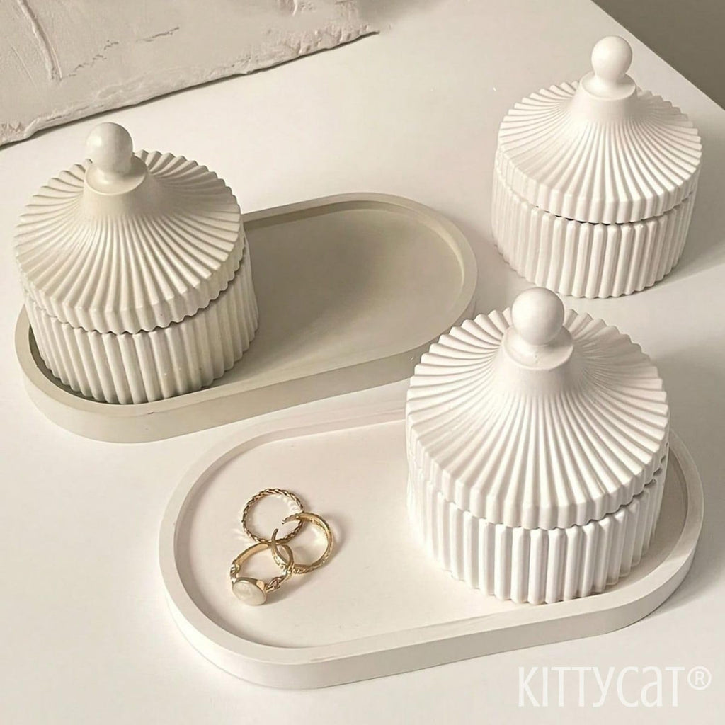 Kitty Cat® Concrete Jewelry Tray Trinket Dish – White Decorative Oval Tray, Perfume & Key Organizer, Modern Vanity Storage for Jewelry, Aesthetic Candle Holder, Home Decor (Tray + Jar)