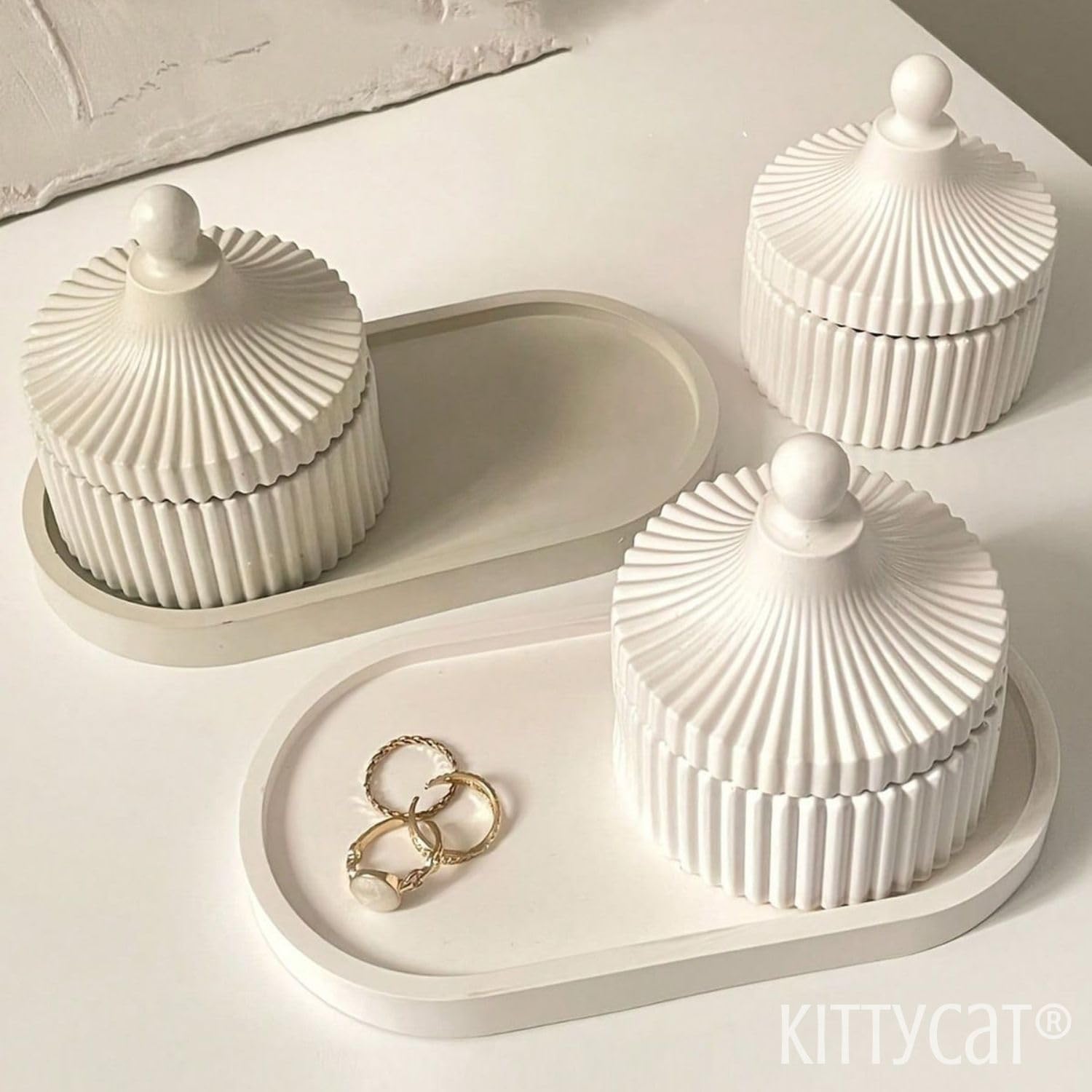 Kitty Cat® Concrete Jewelry Tray Trinket Dish – White Decorative Oval Tray, Perfume & Key Organizer, Modern Vanity Storage for Jewelry, Aesthetic Candle Holder, Home Decor (Tray + Jar)