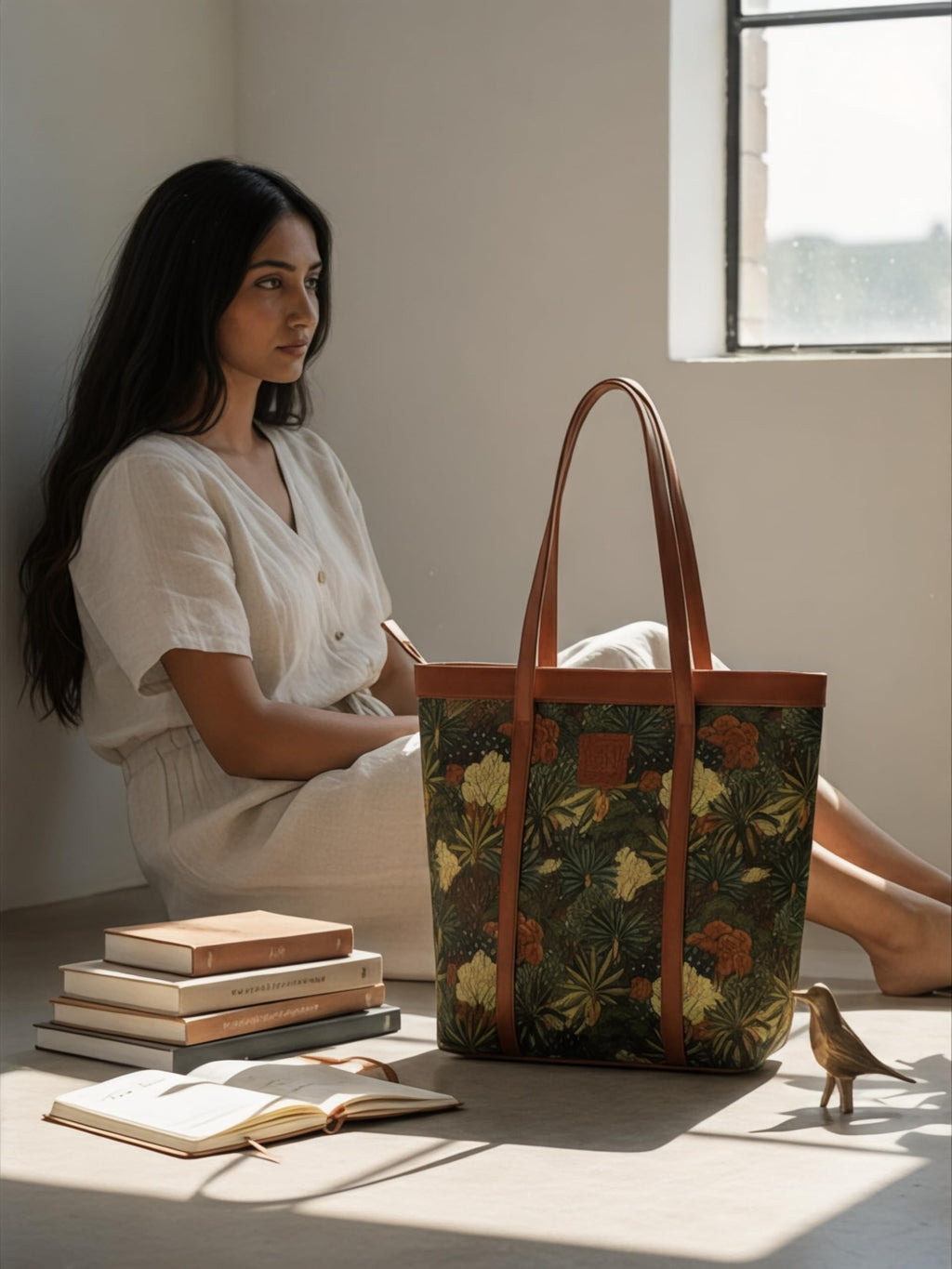KALOOM Women’s Tote Bag with Zip Closure | Cotton Canvas & Vegan Leather Shoulder Bag | Spacious Printed Handbag with Outer Pocket for Office, Travel & Daily Use (Green)