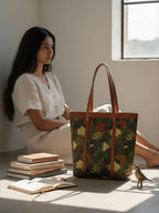 KALOOM Women’s Tote Bag with Zip Closure | Cotton Canvas & Vegan Leather Shoulder Bag | Spacious Printed Handbag with Outer Pocket for Office, Travel & Daily Use (Green)