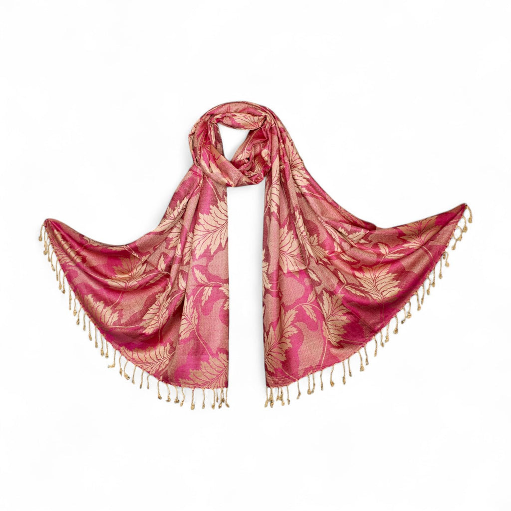 STOLE STUDIO Embellished Leaf Luxurious Viscose Stole Scarf (Beige/Rani)