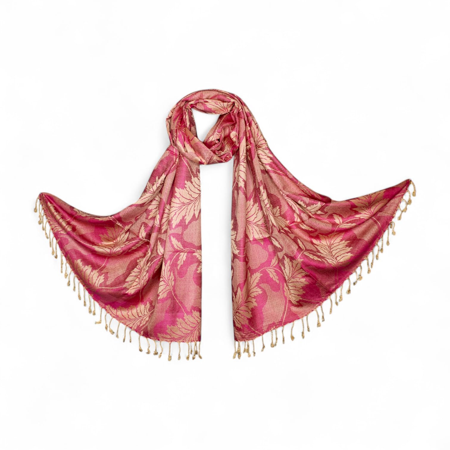 STOLE STUDIO Embellished Leaf Luxurious Viscose Stole Scarf (Beige/Rani)