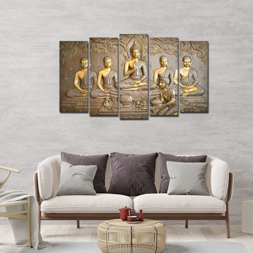 VIBECRAFTS 5 Pieces Buddha In Thailand Temple Canvas Wall Painting For Home|Office|Living Room|Gift (PTVC5Pcs2_6510)