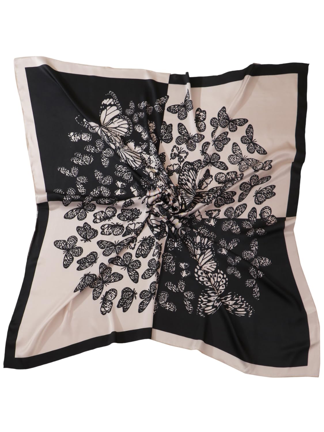 leeza store Women's Silk Scarf For Women 40X40 | Soft Beige & Jet Black | Digital Printed Butterfly Motif | Stylish Head Scarf, Neck Wrap, Stole