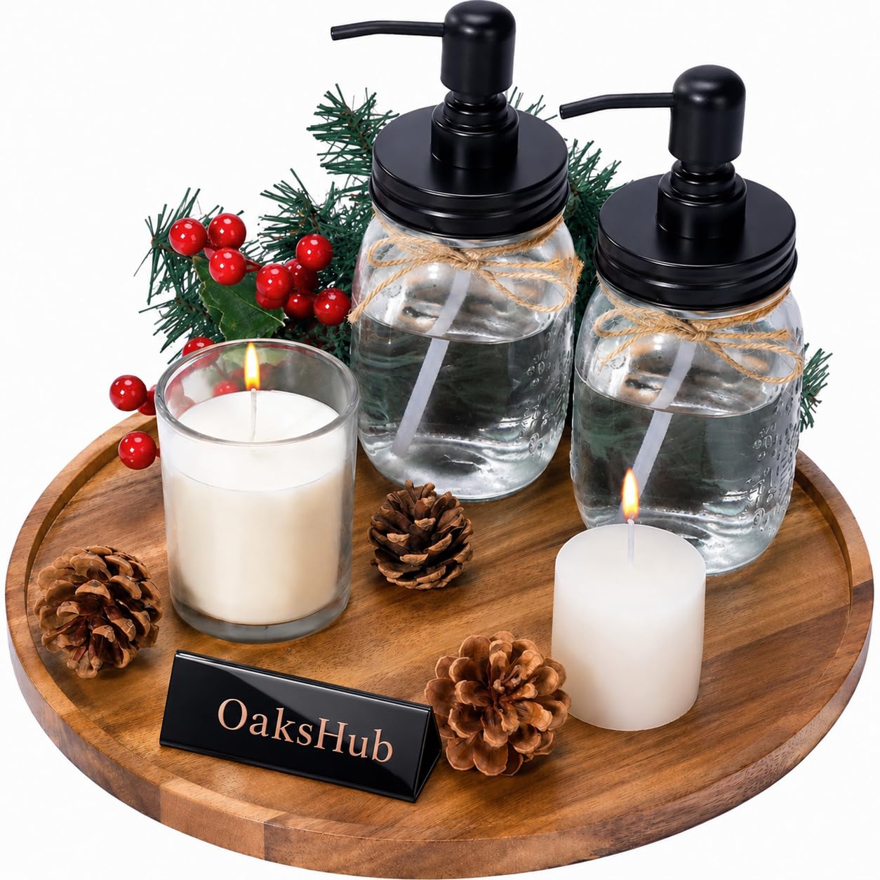 OaksHub Decorative Round Serving Tray Rustic Wood Perfect Farmhouse Centerpiece Candle Trays for Food Drinks Ottoman Kitchen Countertop & Home Decor 10x10 Inch (Pack of 1)