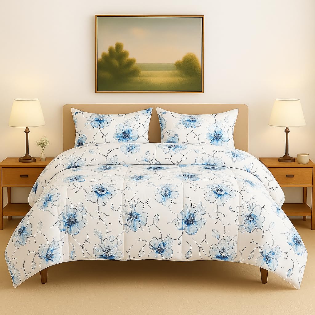 linenaffairs Heavy Winter Bed Comforter for Single Bed - 500 GSM Ultra Warm Quilt Blanket/Rajai - Blue Bloosm - Down Alternative Microfiber Duvet Insert with Corner Ties - Winter Season Premium Kafalo