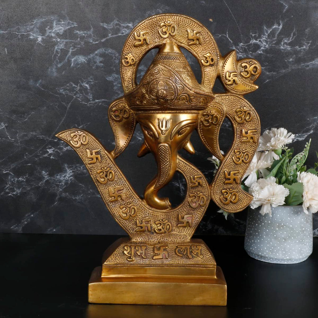 ARTVARKO Brass Om Swastika Ganesha Murti Shubh Labh Ganesh Idol Statue for Home Décor Mandir Temple Gift Showpiece 13.5 Inch.
