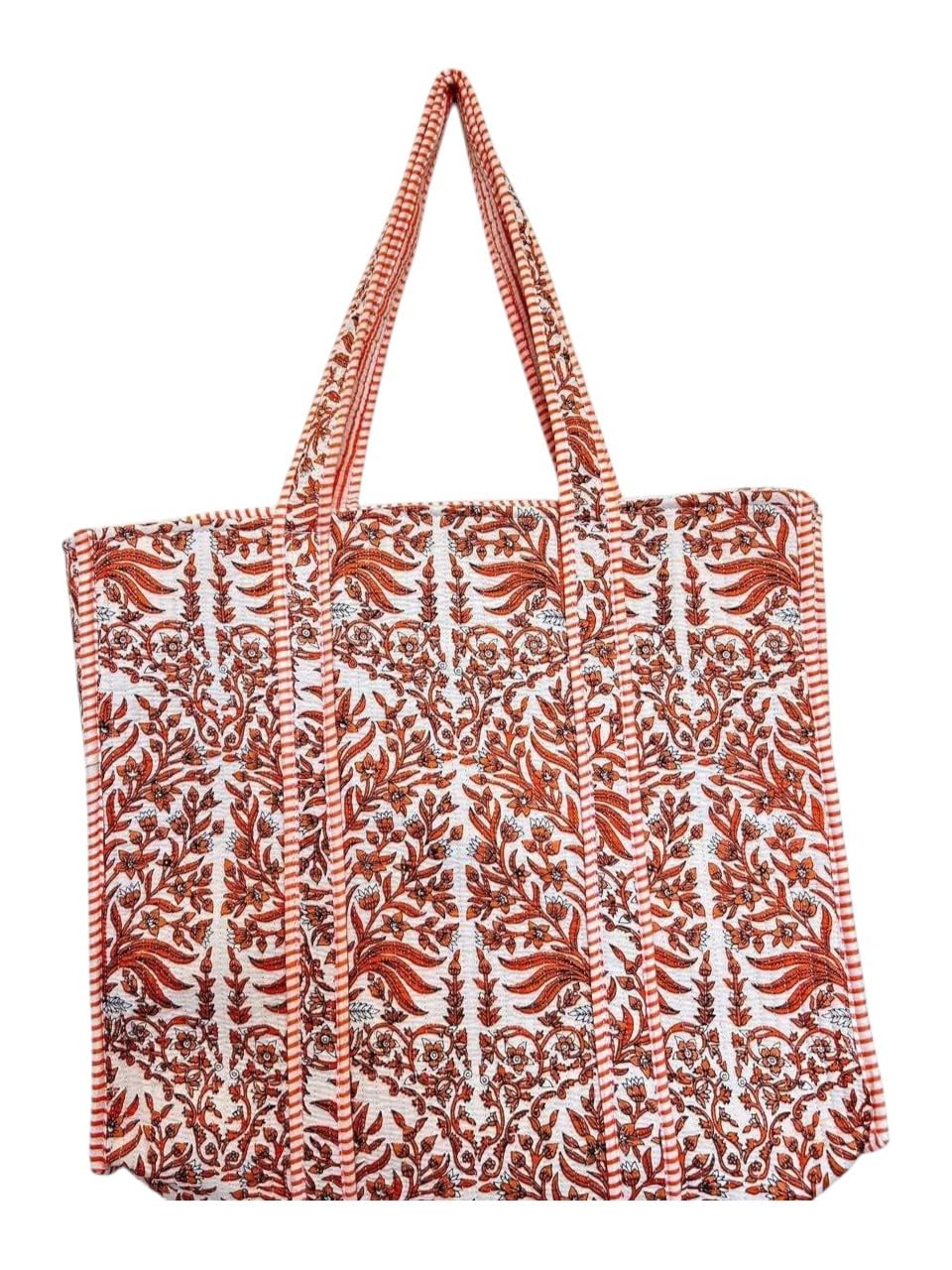 Vaishnav Exports Off-White & Rust Block Print Quilted Cotton Tote Bag for Women | Traditional Floral Shoulder Bag | Eco-Friendly, Reusable Carryall for Grocery, Travel & Daily Use