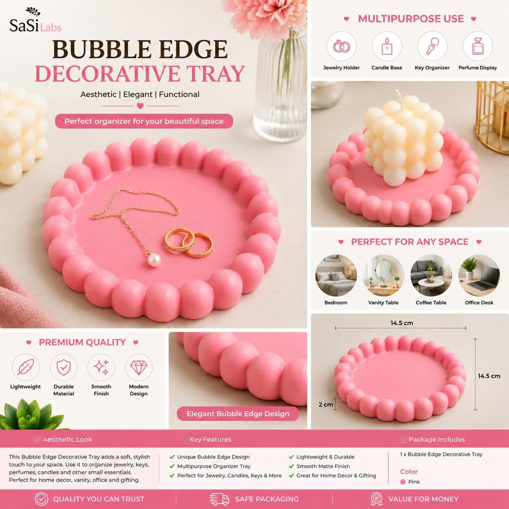 SaSi Labs Bubble Edge Decorative Tray, Pink, Aesthetic Jewelry & Vanity Organiser for Candles, Keys, Perfumes & Accessories, Modern Home Decor, 14.5 cm