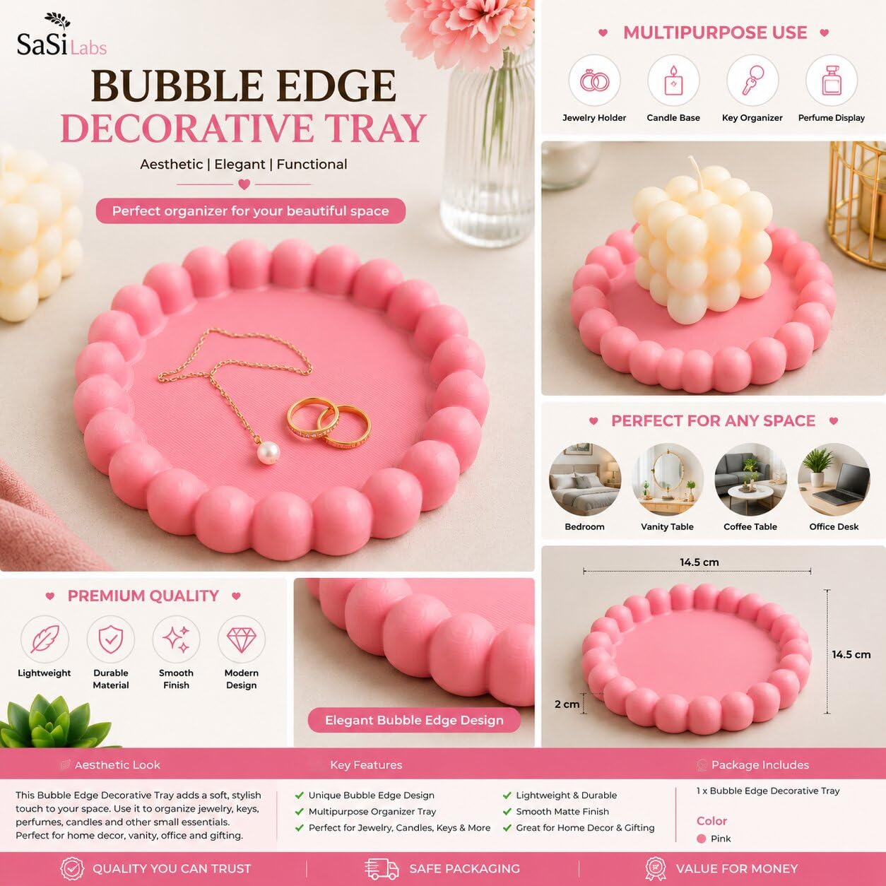 SaSi Labs Bubble Edge Decorative Tray, Pink, Aesthetic Jewelry & Vanity Organiser for Candles, Keys, Perfumes & Accessories, Modern Home Decor, 14.5 cm