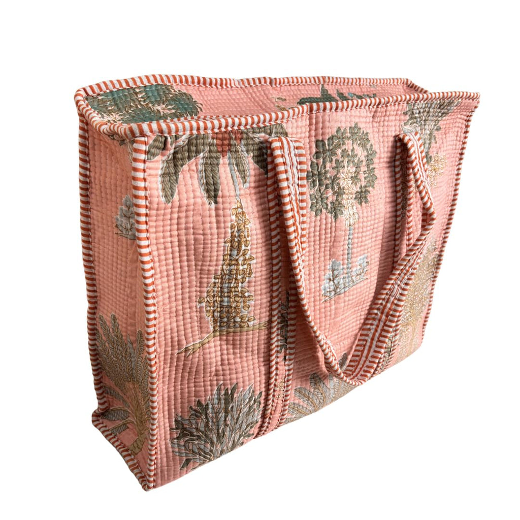 Bazaar Bhoot Edition Premium Cotton Quilted Shopping Tote Bag - Multipurpose Long Lasting Foldable Reusable Bag with zipper for Shopping, Travel & Daily Use - Made in India (Peach)