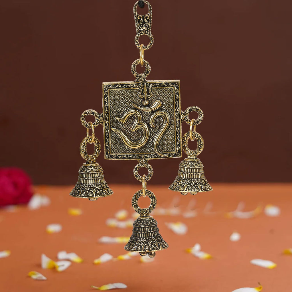 ARTVARKO Brass Trishul Om with Bells Wall & Door Hanging Home Decor with 3 Bells Height 6 Inch