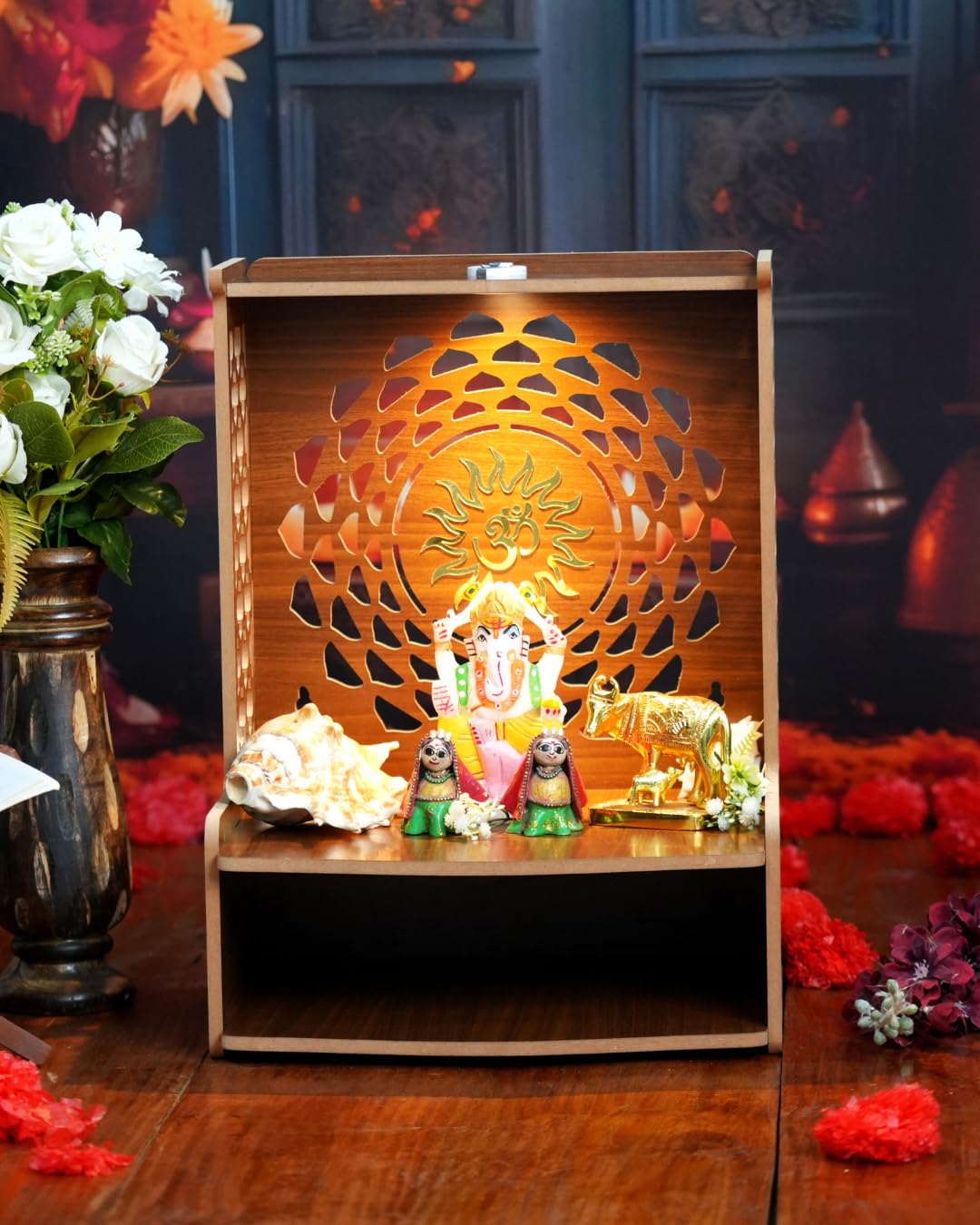 PIXELCRAFTS Folding Wooden wall Mounted Temple/mandir for Home and Office(Size – H 15.5X L 11.5 x W 10.5 inch) (Brown 1)
