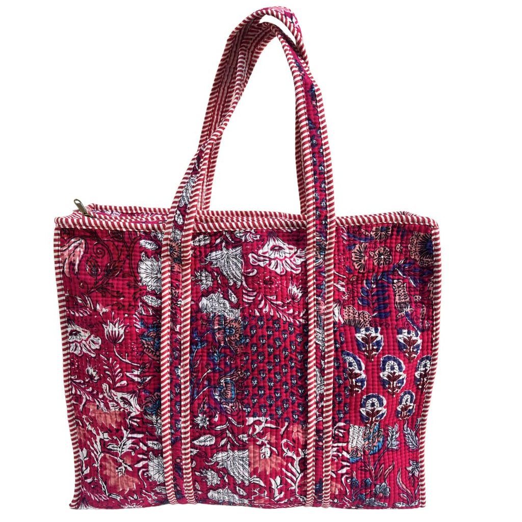Bazaar Bhoot Edition Premium Cotton Quilted Shopping Tote Bag - Multipurpose Long Lasting Foldable Reusable Bag with zipper for Shopping, Travel & Daily Use - Made in India (Deep Pink)