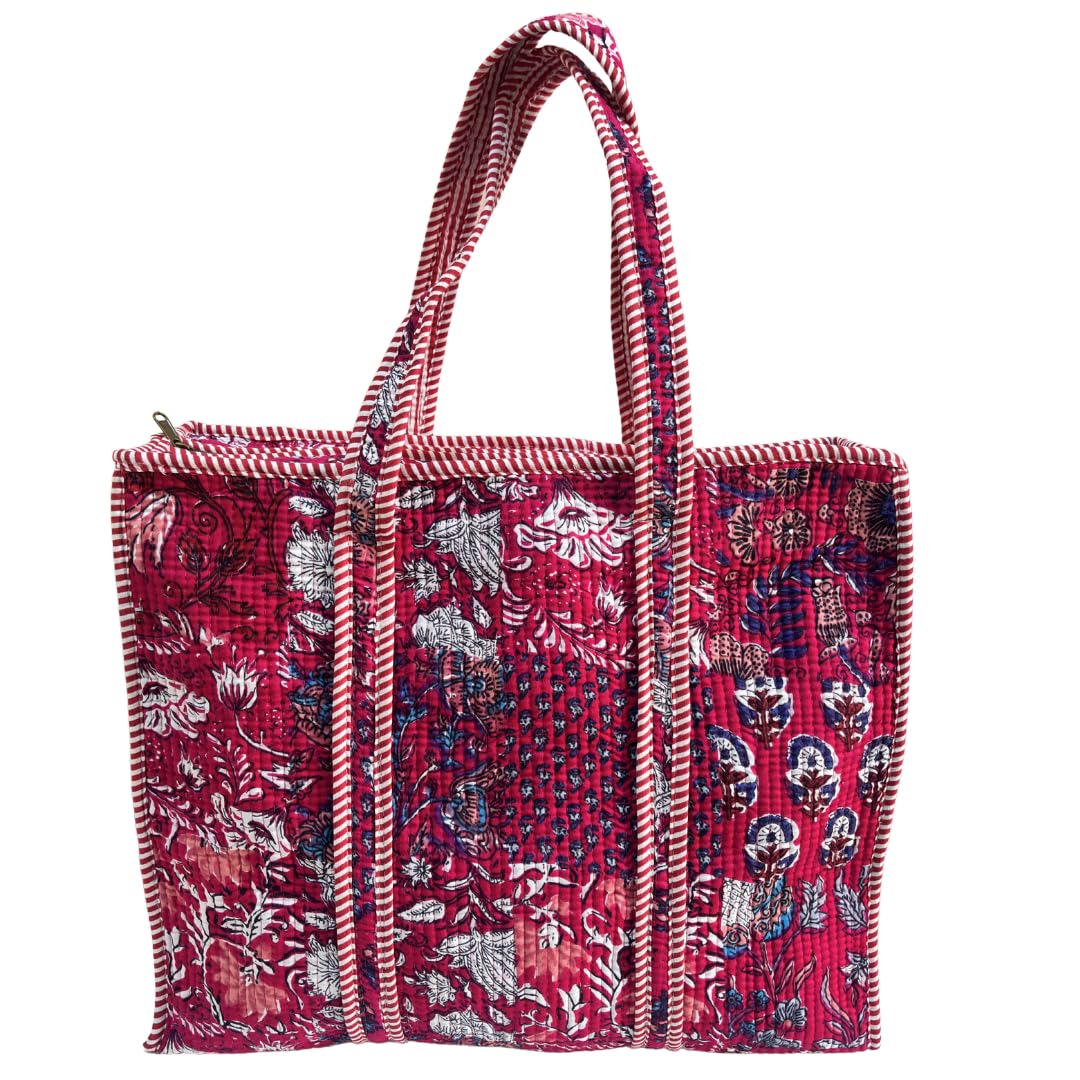 Bazaar Bhoot Edition Premium Cotton Quilted Shopping Tote Bag - Multipurpose Long Lasting Foldable Reusable Bag with zipper for Shopping, Travel & Daily Use - Made in India (Deep Pink)