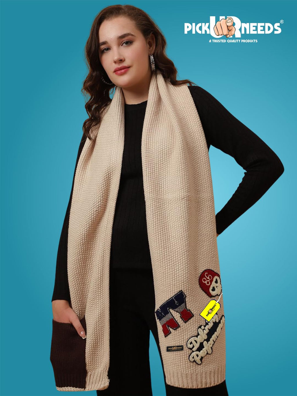 Pick Ur Needs Women Winter Woolen Muffler with Trendy Patch Design Soft Warm Knitted Scarf for Girls & Ladies Stylish Casual Mufflers (Cream)