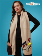 Pick Ur Needs Women Winter Woolen Muffler with Trendy Patch Design Soft Warm Knitted Scarf for Girls & Ladies Stylish Casual Mufflers (Cream)