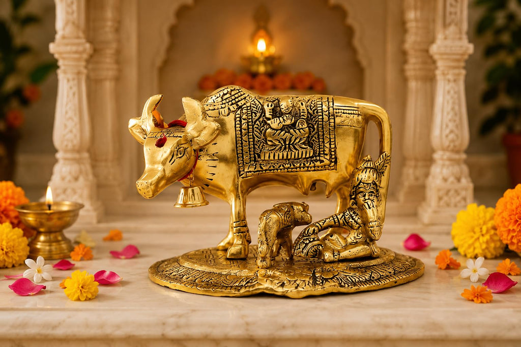 KridayKraft Kamdhenu Cow with Calf & Bal Gopal Krishna Idol, 19 cm Metal Gau MATA Statue for Home Mandir, Pooja Room, Vastu & Religious Gifting, Antique Gold Finish, 910 g