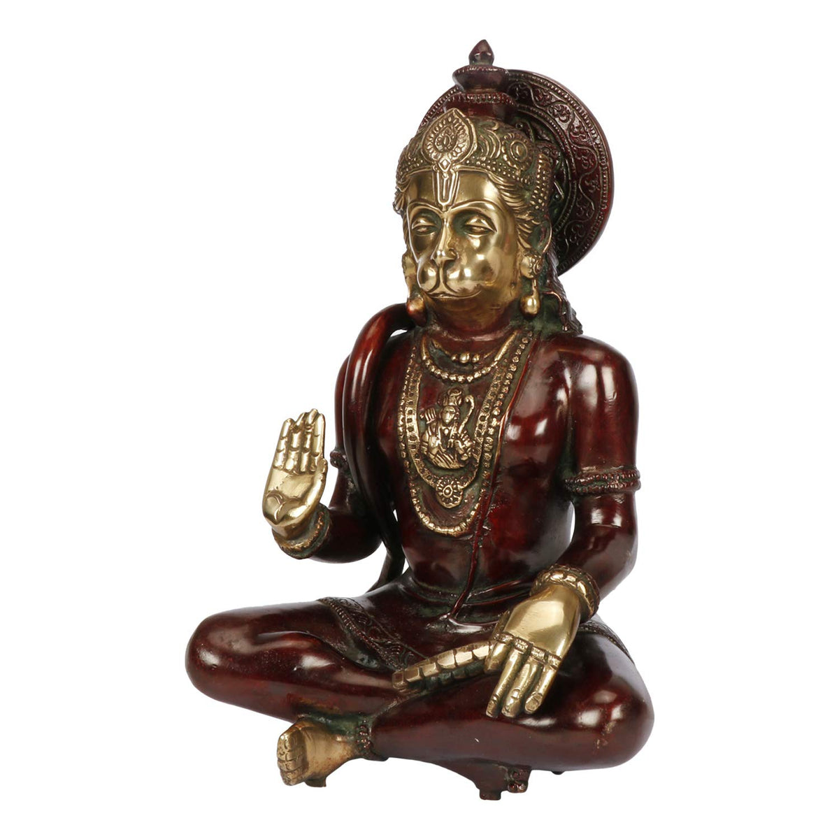 ARTVARKO Brass Hanuman Idol | Bajrang Bali Sitting Blessing Meditation for puja Sculpture Diwali Decor Gifts Height 11 Inches (Red & Gold Finish)