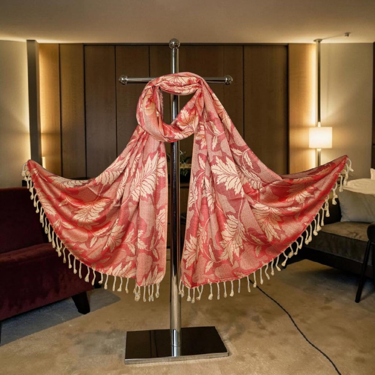 STOLE STUDIO Embellished Leaf Luxurious Viscose Stole Scarf (Beige/Red)