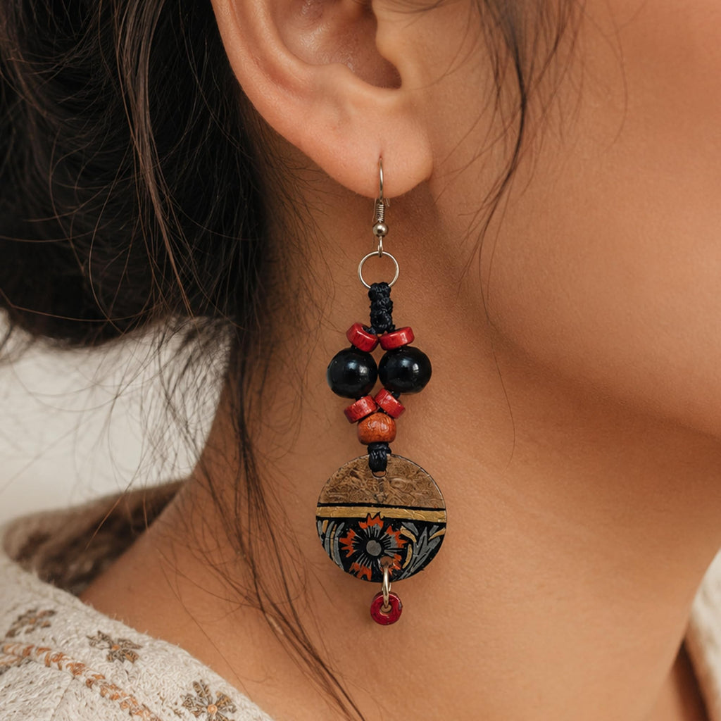 Aakriti Art Creations’ Whimsical Wonderland Earrings | Multi Glass Beads & Wood Earrings, Small & Compact | Lightweight Glossy Finish Earrings Set for Women | Handmade Floral Design
